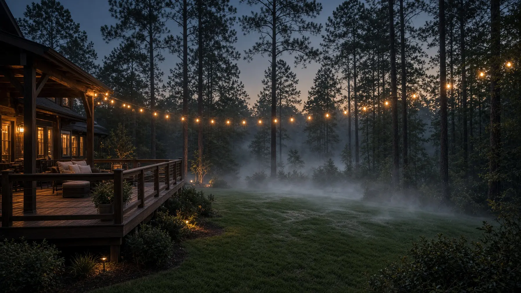 Dusk backyard in north Georgia after a mosquito barrier treatment