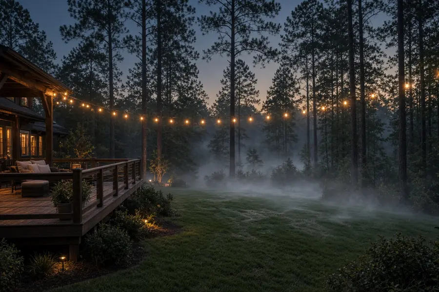 Dusk backyard in north Georgia after a mosquito barrier treatment