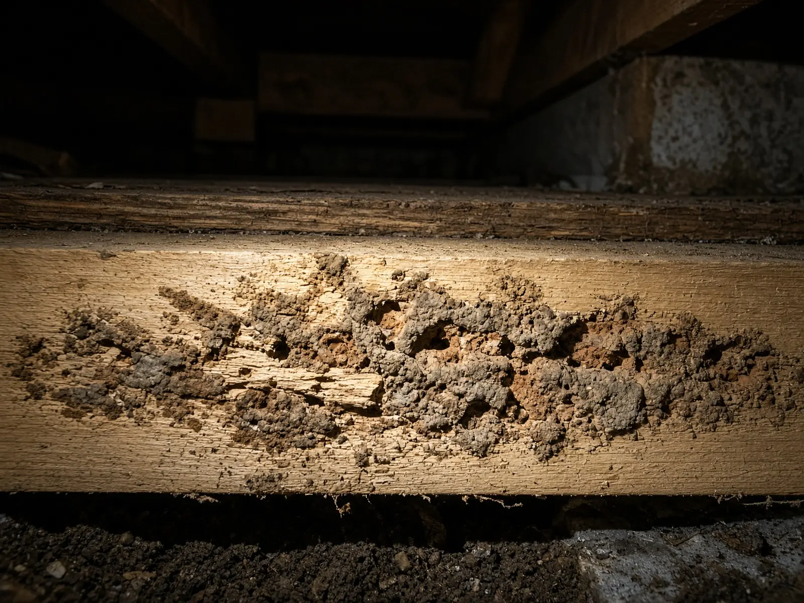 Subterranean termite damage on a pine sill plate in a crawlspace