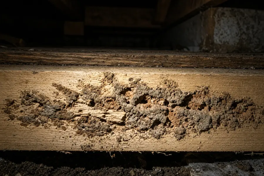 Subterranean termite damage on a pine sill plate in a crawlspace