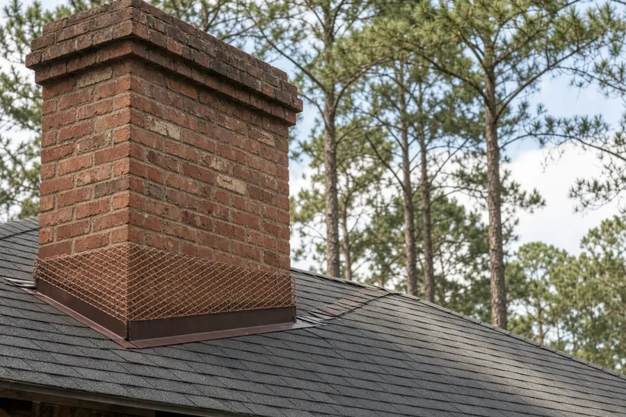 Copper mesh wildlife exclusion at a Georgia chimney flashing